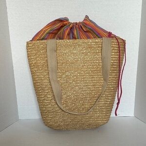 Stylish Tan Beach/Pool Tote Bag with Colorful Drawstring Top